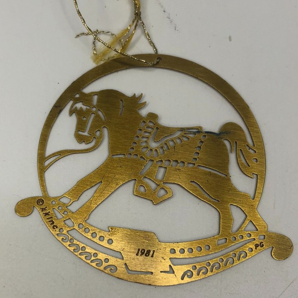 Vintage Flat Brass 1981 Christmas Ornament Rocking Horse Decoration